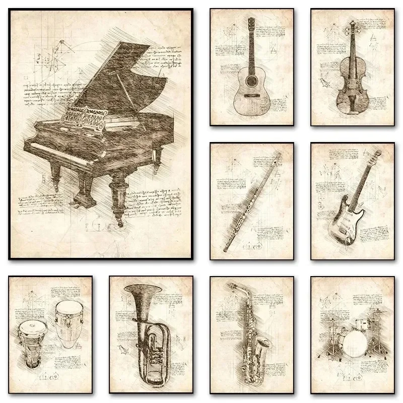 Musical Instrument Photo - Inspired Sketch Canvas Painting Poster Musical